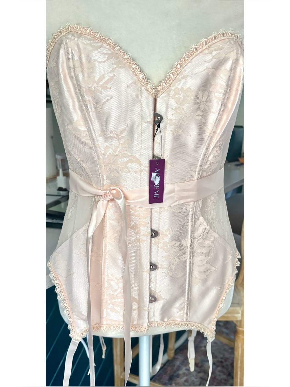 NWT Lace-Trim Satin Bustier Corset in Blush Pink Transparent Lace Sides-XO